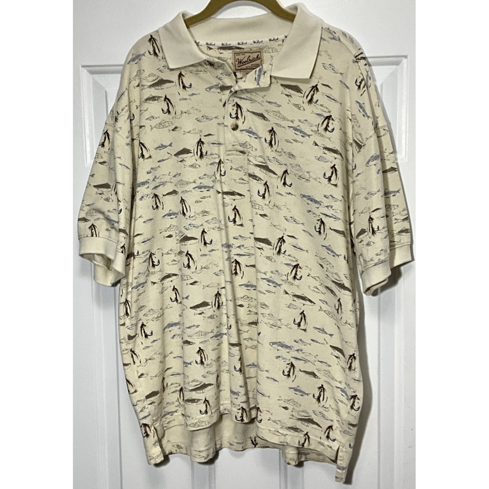 Vintage Woolwich Outdoors Polo Shirt Beige Fish/Hook/Boat Print Men's Large